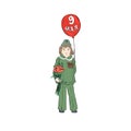 9th may. Girl with St. George ribbon holds red balloon and flowers
